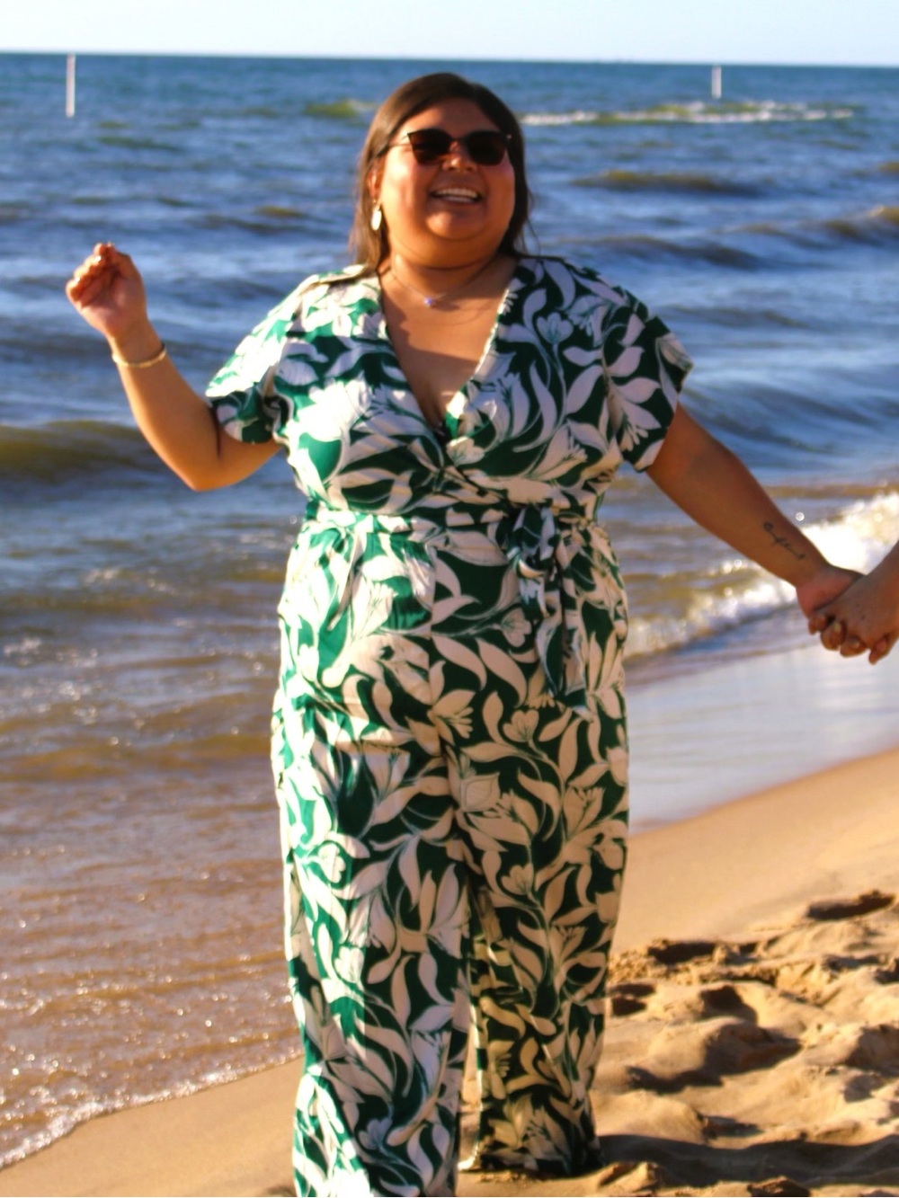Luxology Emerald Green and White Floral Wrap Dress with Waist Tie